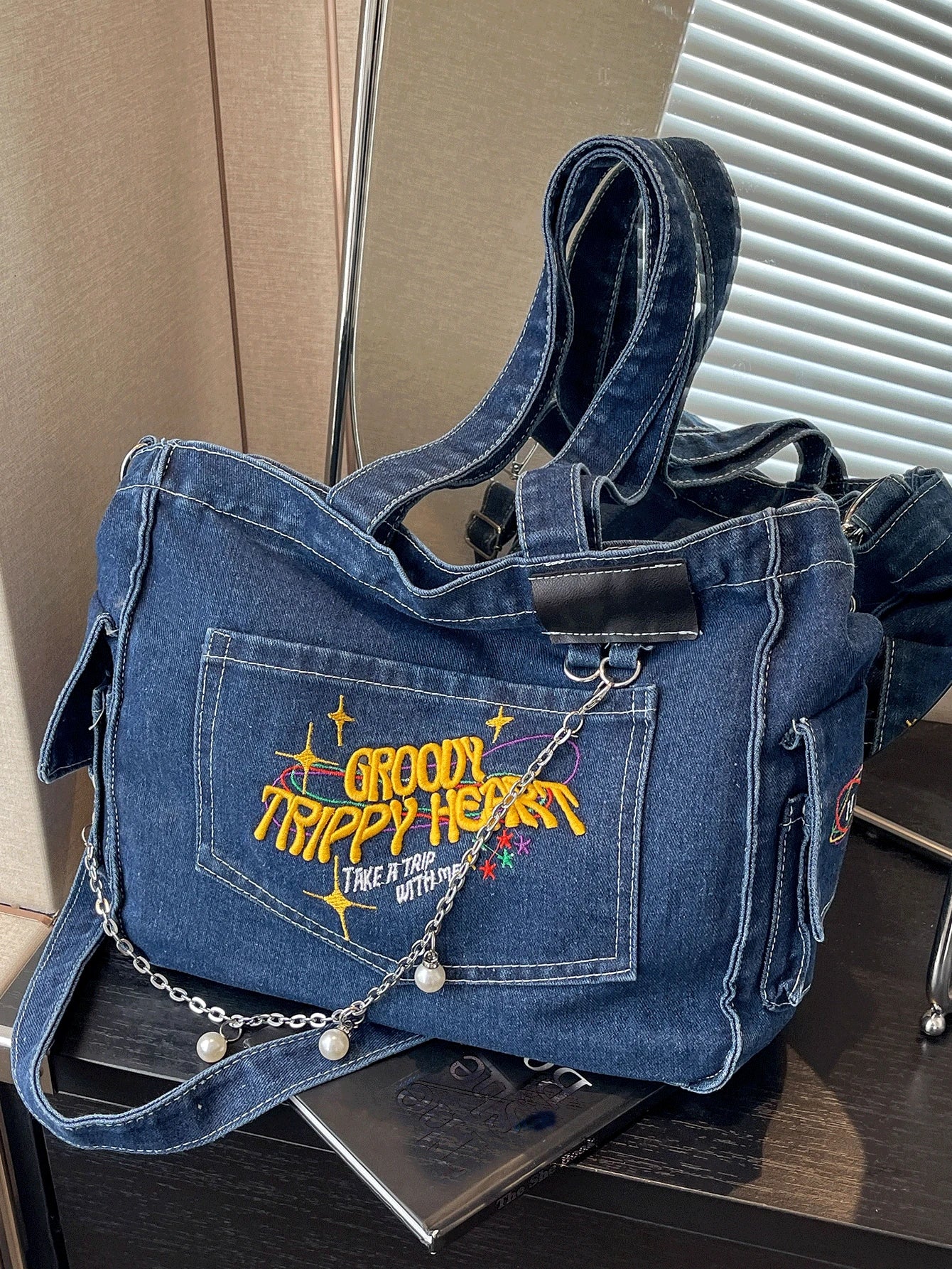 TrippyHeart - Denim Tote Bag with Adjustable & Detachable Sling