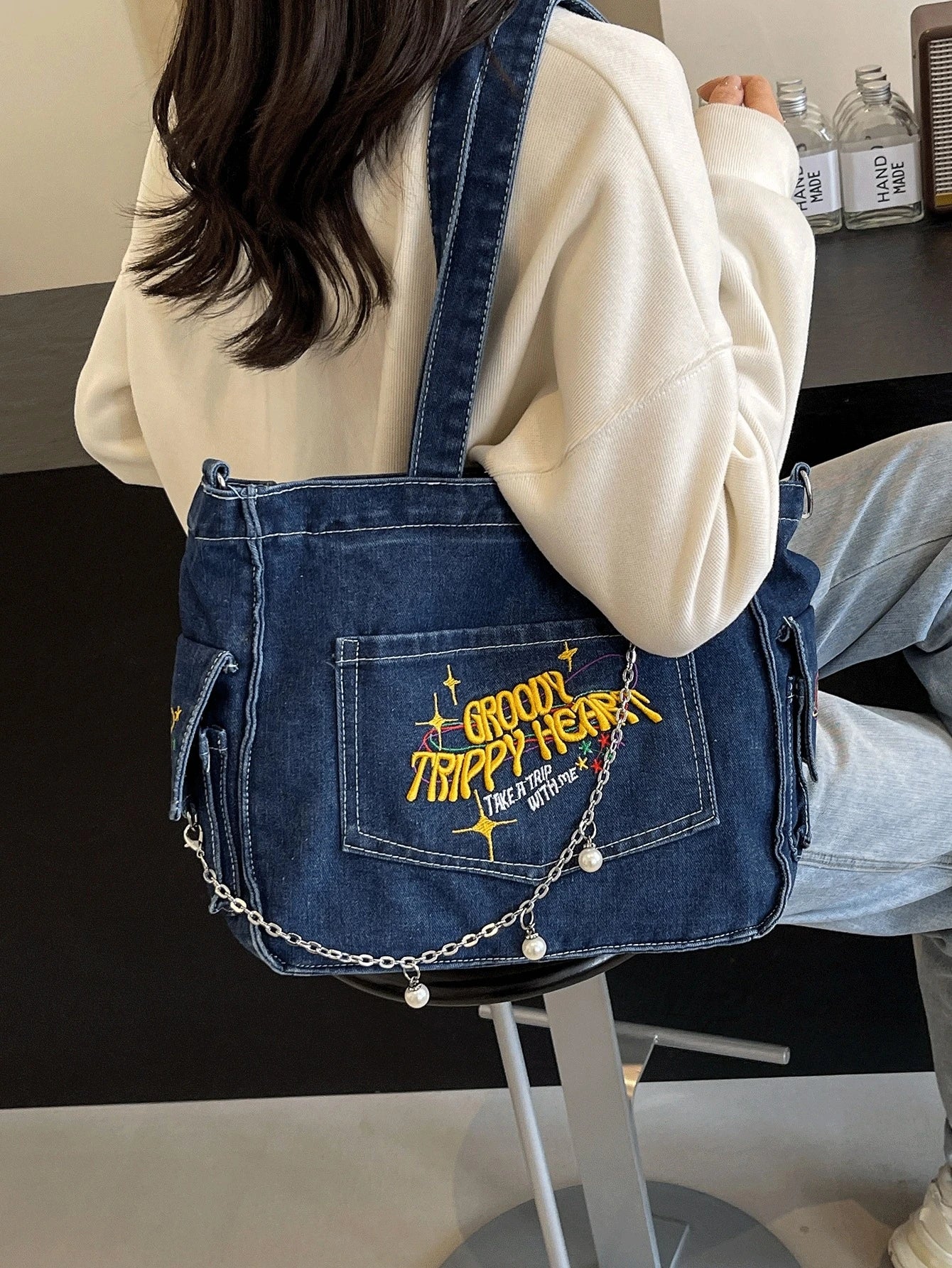 TrippyHeart - Denim Tote Bag with Adjustable & Detachable Sling