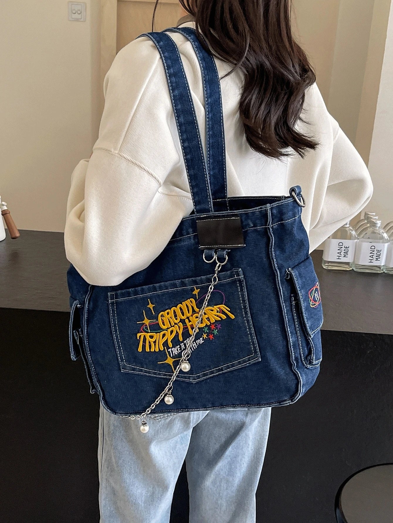 TrippyHeart - Denim Tote Bag with Adjustable & Detachable Sling