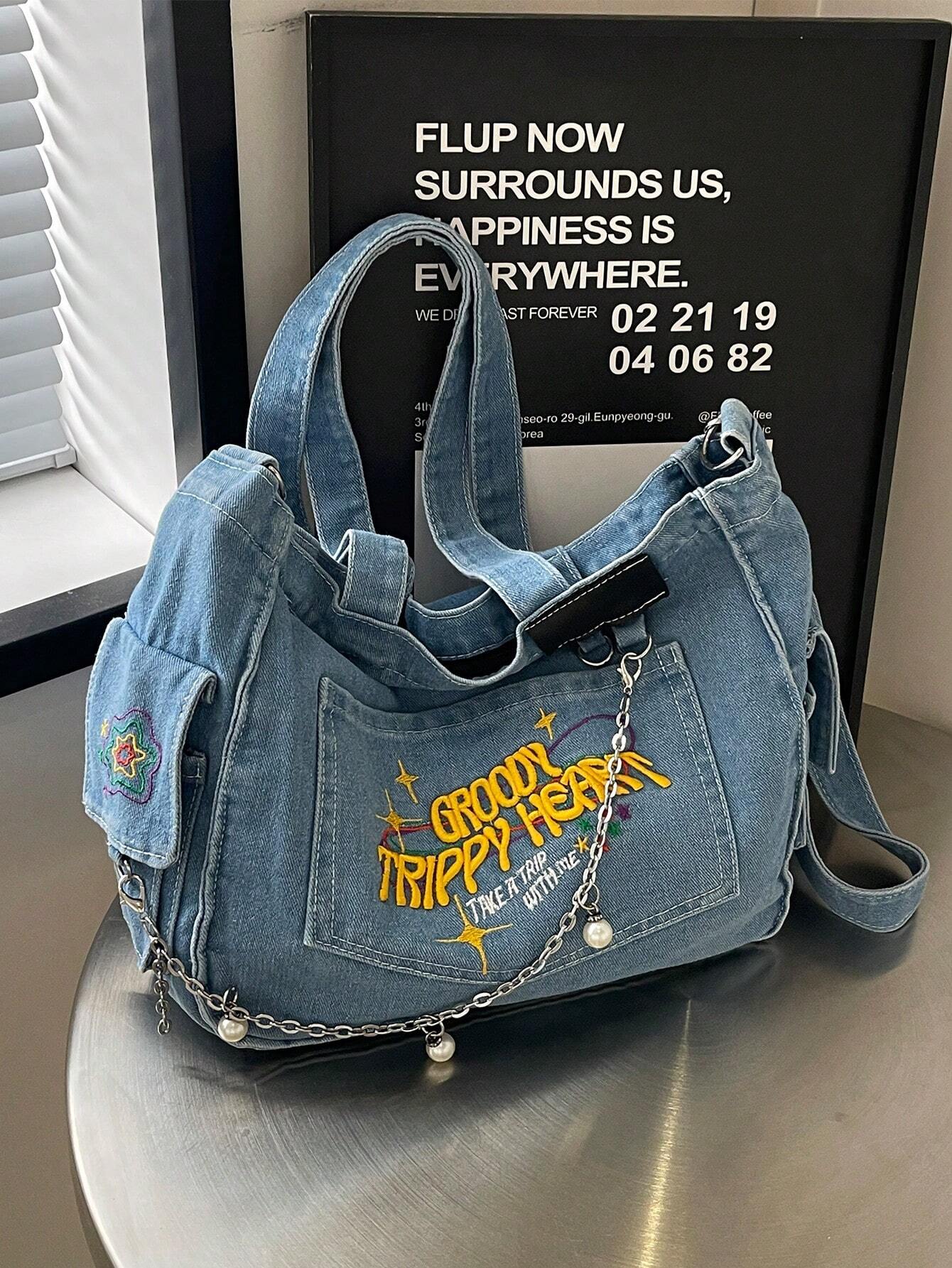 TrippyHeart - Denim Tote Bag with Adjustable & Detachable Sling