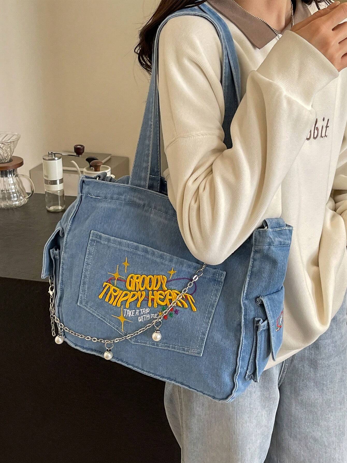 TrippyHeart - Denim Tote Bag with Adjustable & Detachable Sling