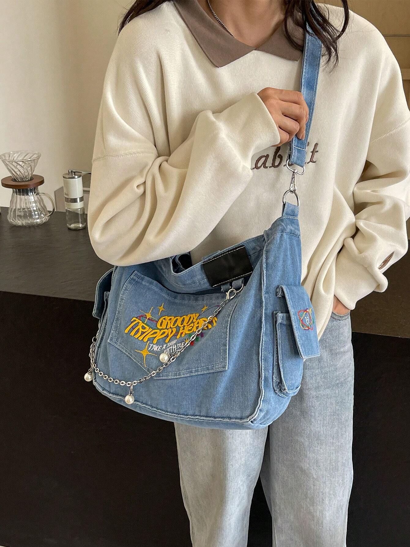 TrippyHeart - Denim Tote Bag with Adjustable & Detachable Sling