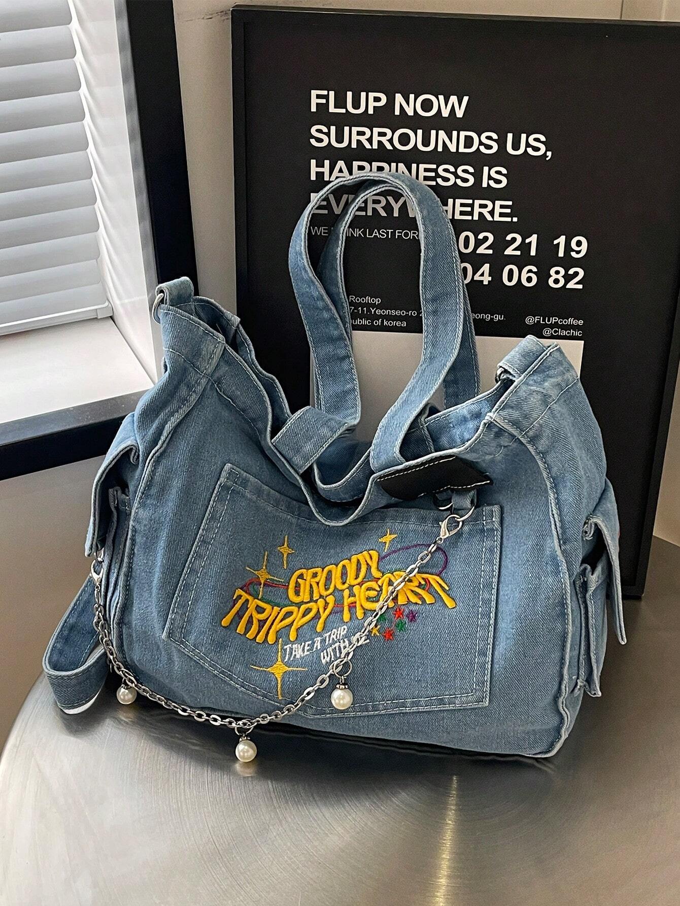 TrippyHeart - Denim Tote Bag with Adjustable & Detachable Sling