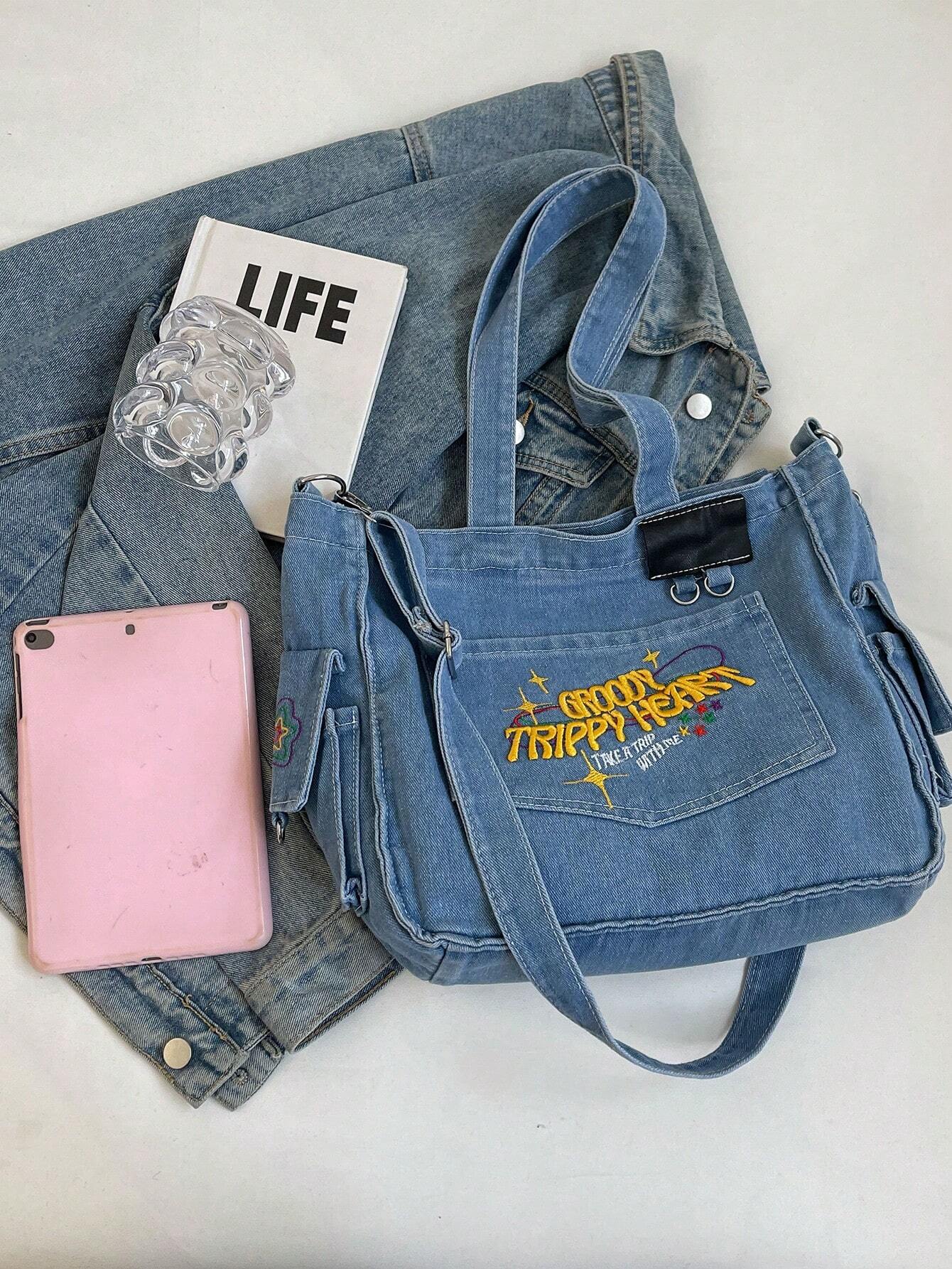TrippyHeart - Denim Tote Bag with Adjustable & Detachable Sling