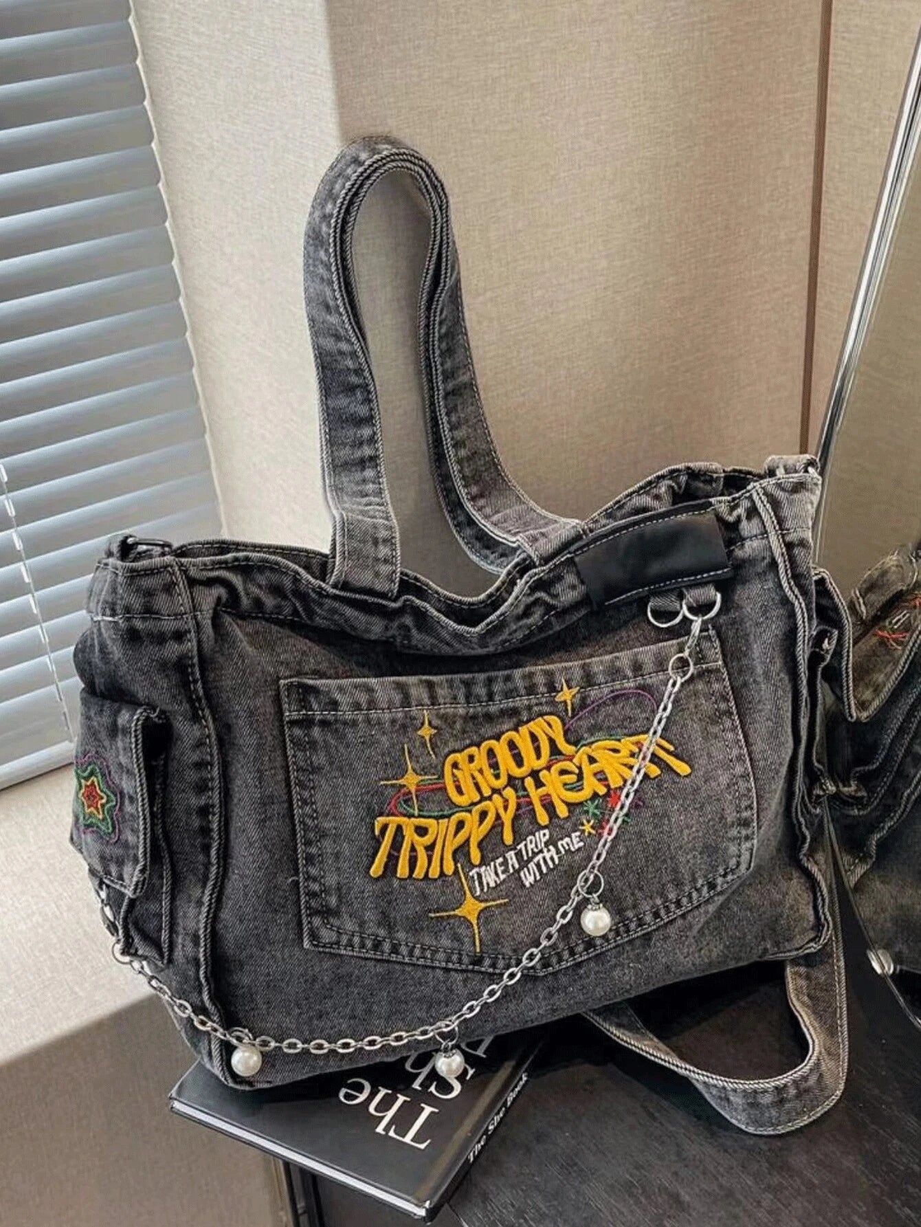 TrippyHeart - Denim Tote Bag with Adjustable & Detachable Sling