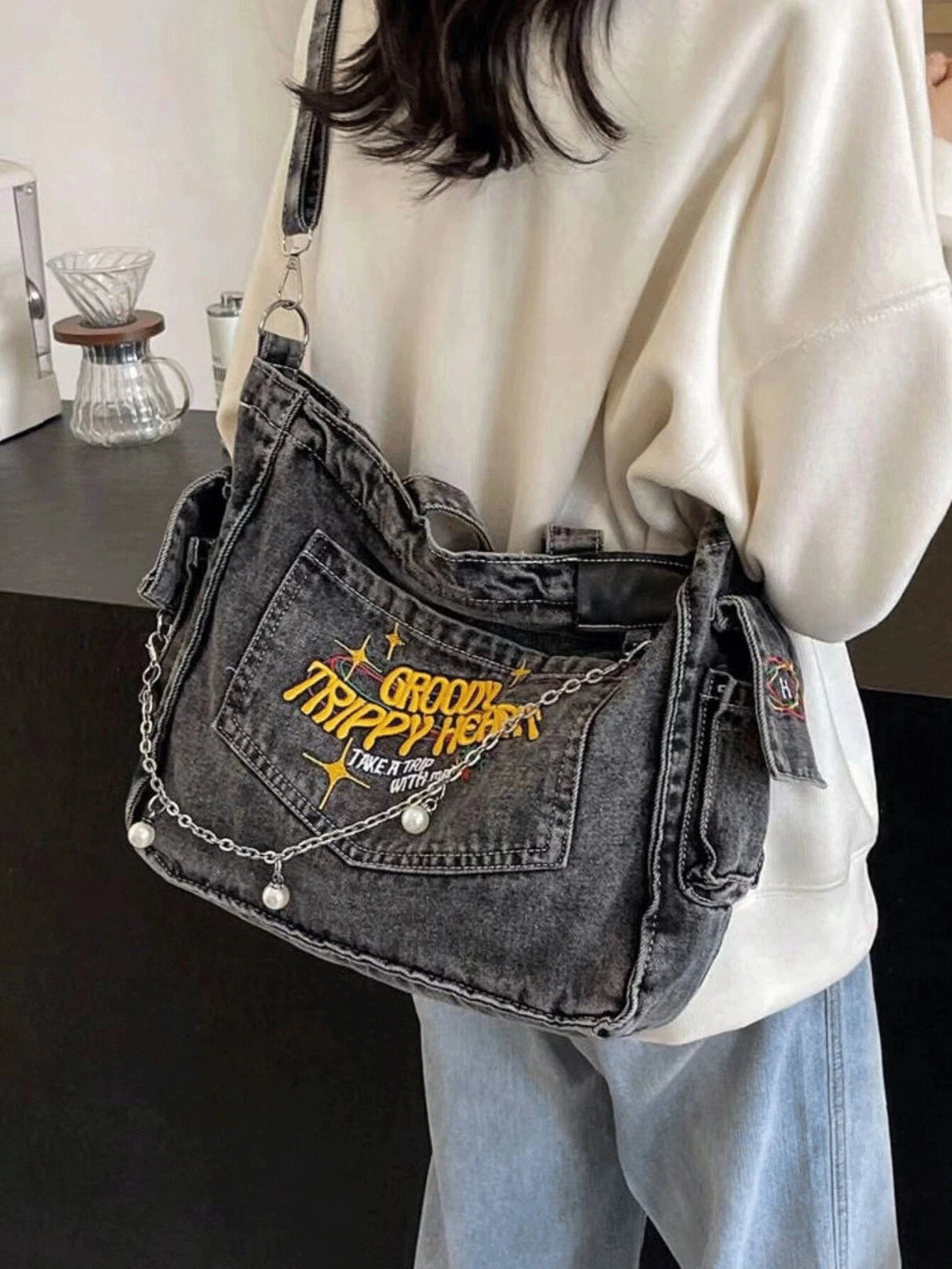 TrippyHeart - Denim Tote Bag with Adjustable & Detachable Sling
