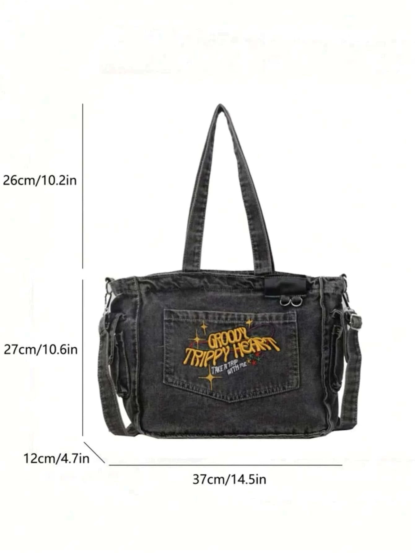 TrippyHeart - Denim Tote Bag with Adjustable & Detachable Sling