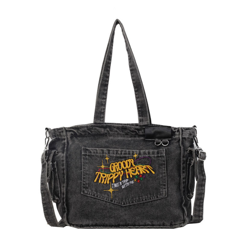 TrippyHeart - Denim Tote Bag with Adjustable & Detachable Sling