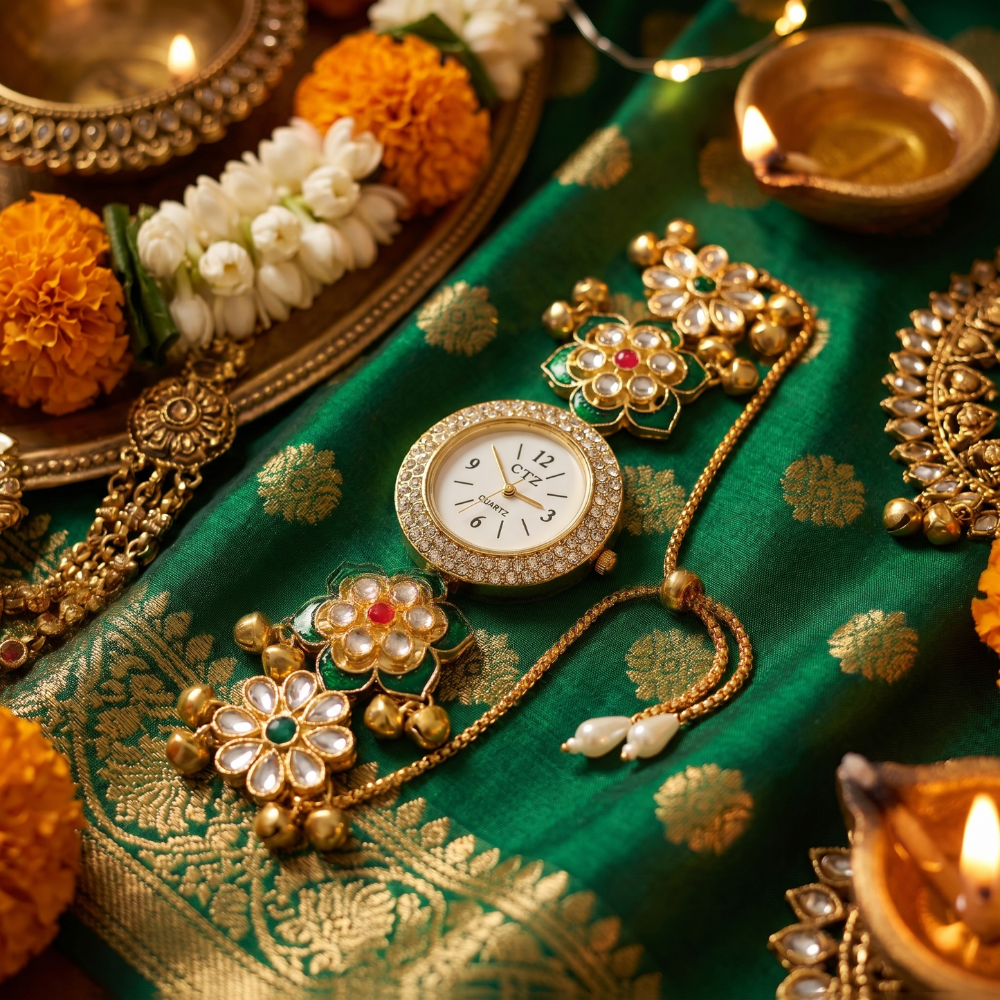 Traditional Green Floral Kundan Watch