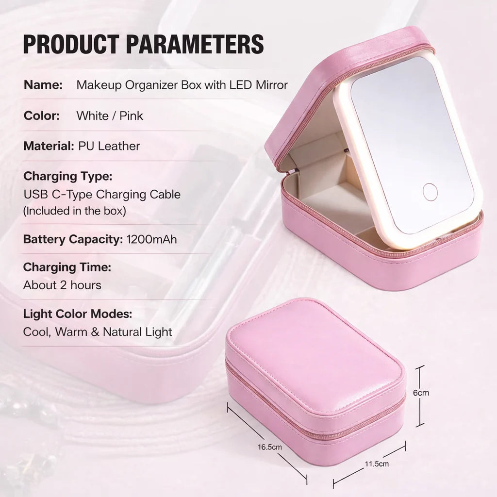 Portable Makeup Storage Box with LED Light Mirror