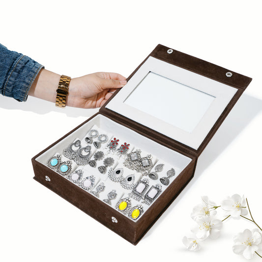 Set Of 12 Oxidized Designer Earrings With Folding Mirror Jewelry Box