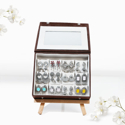 Set Of 12 Oxidized Designer Earrings With Folding Mirror Jewelry Box