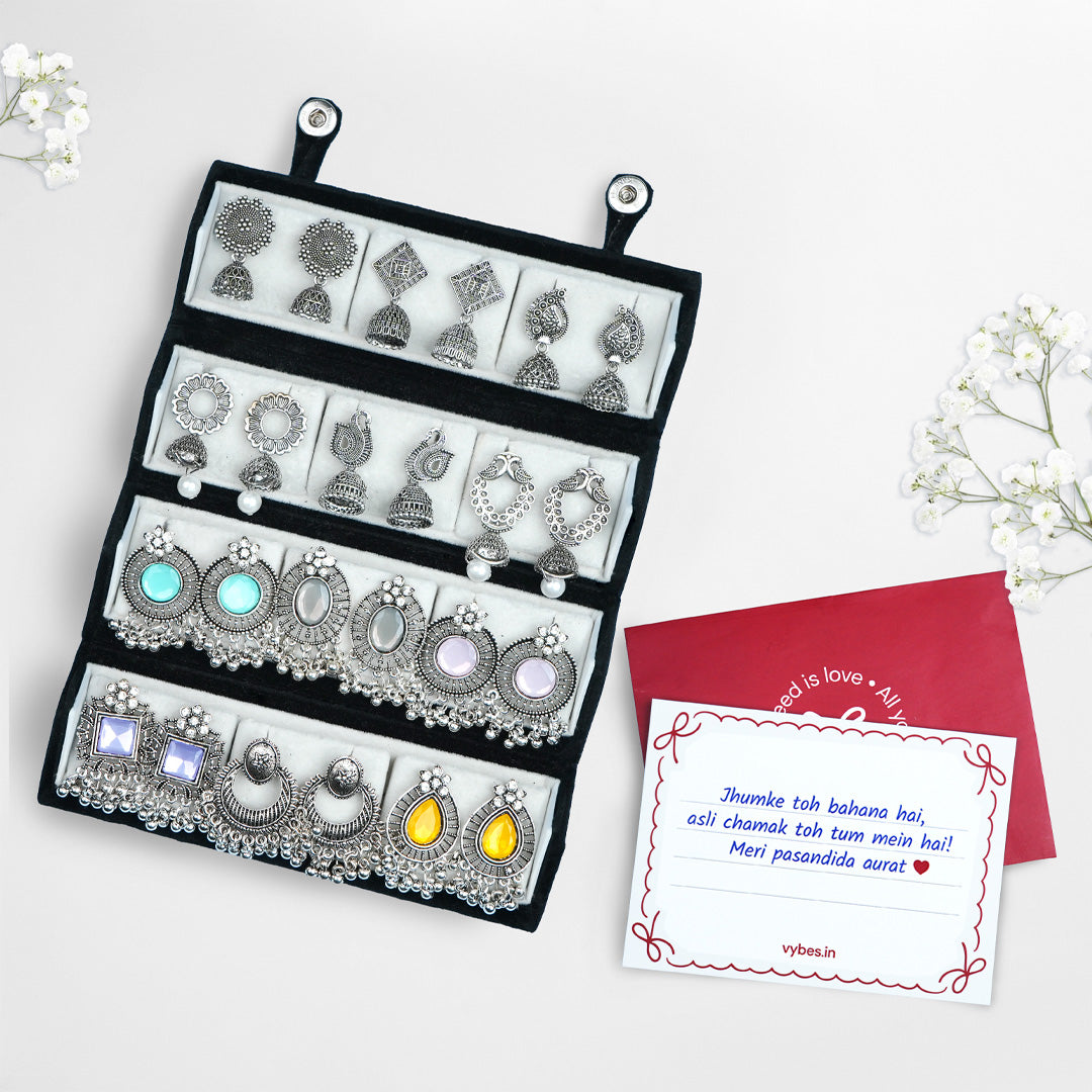 Set Of 12 Designer Earrings With Folding Jewelry Box
