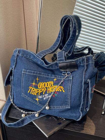 TrippyHeart - Denim Tote Bag with Adjustable & Detachable Sling