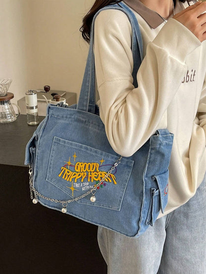 TrippyHeart - Denim Tote Bag with Adjustable & Detachable Sling