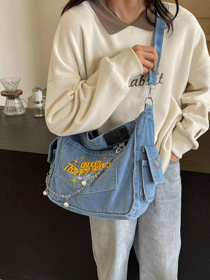 TrippyHeart - Denim Tote Bag with Adjustable & Detachable Sling
