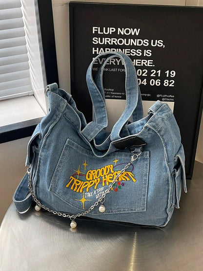 TrippyHeart - Denim Tote Bag with Adjustable & Detachable Sling