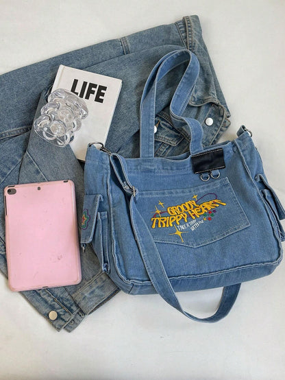 TrippyHeart - Denim Tote Bag with Adjustable & Detachable Sling