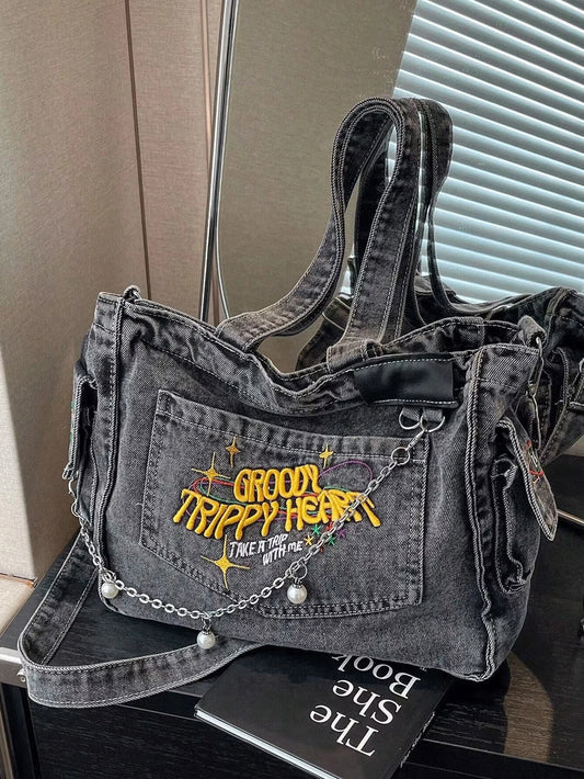 TrippyHeart - Denim Tote Bag with Adjustable & Detachable Sling