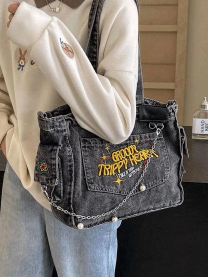 TrippyHeart - Denim Tote Bag with Adjustable & Detachable Sling