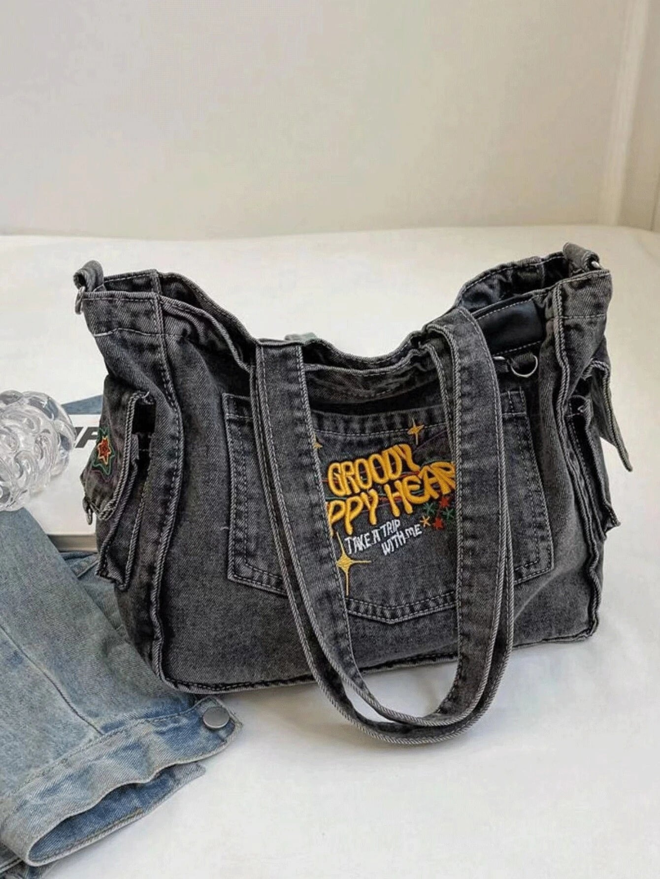TrippyHeart - Denim Tote Bag with Adjustable & Detachable Sling