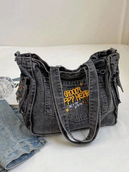 TrippyHeart - Denim Tote Bag with Adjustable & Detachable Sling