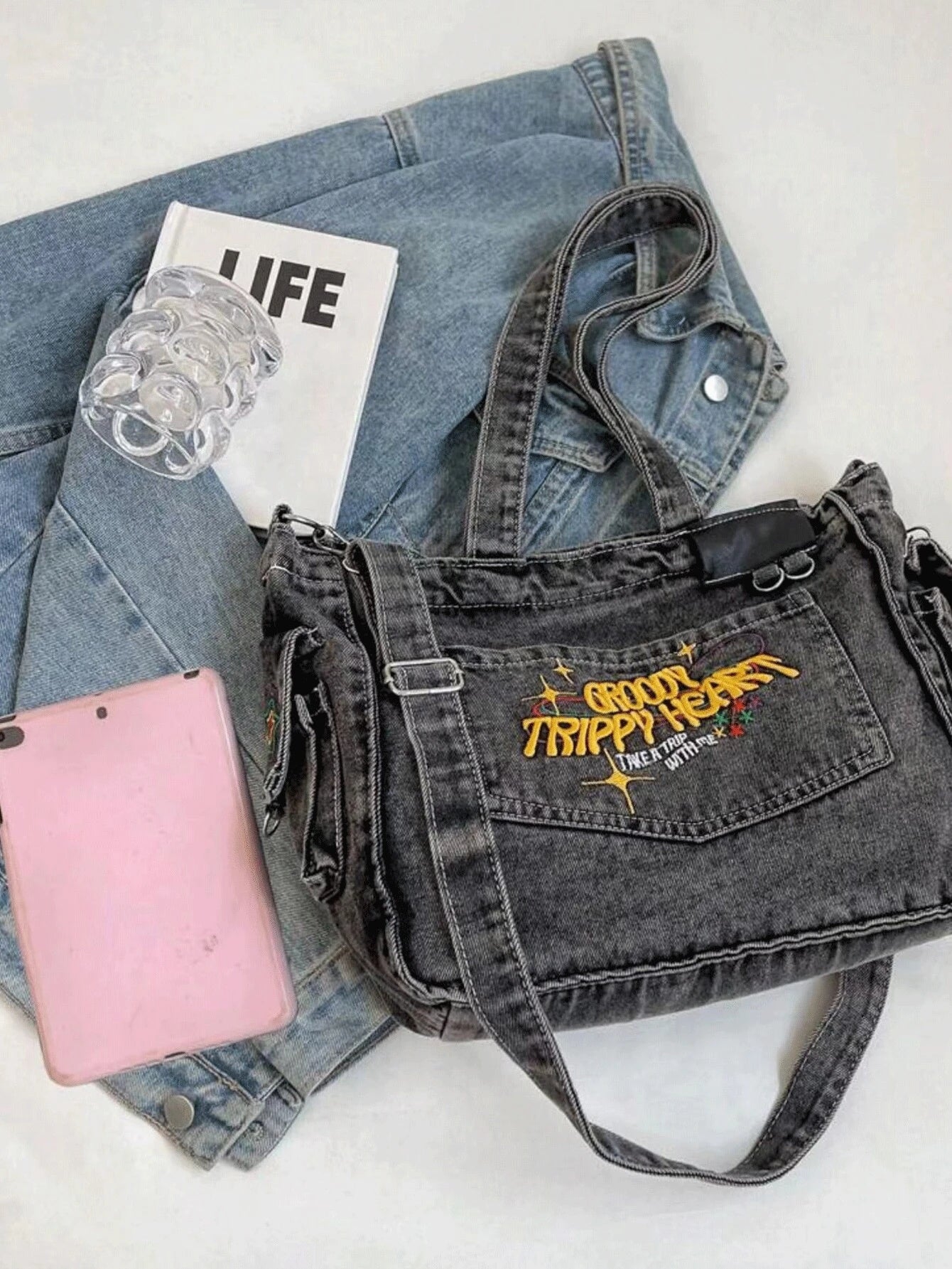 TrippyHeart - Denim Tote Bag with Adjustable & Detachable Sling