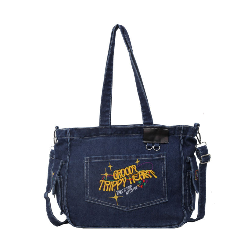 TrippyHeart - Denim Tote Bag with Adjustable & Detachable Sling