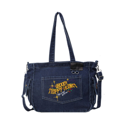 TrippyHeart - Denim Tote Bag with Adjustable & Detachable Sling