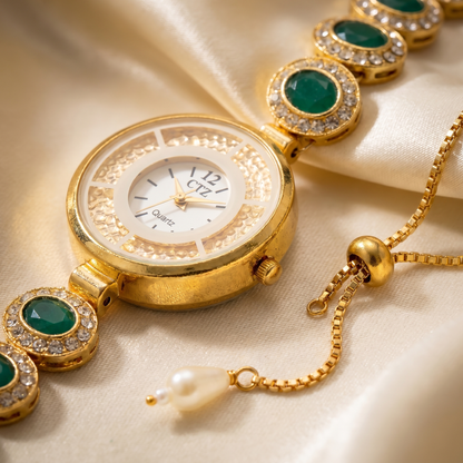 Elegant Emerald Stone Heritage Bracelet Watch