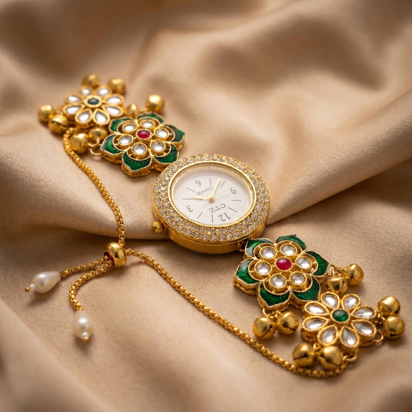 Traditional Green Floral Kundan Watch