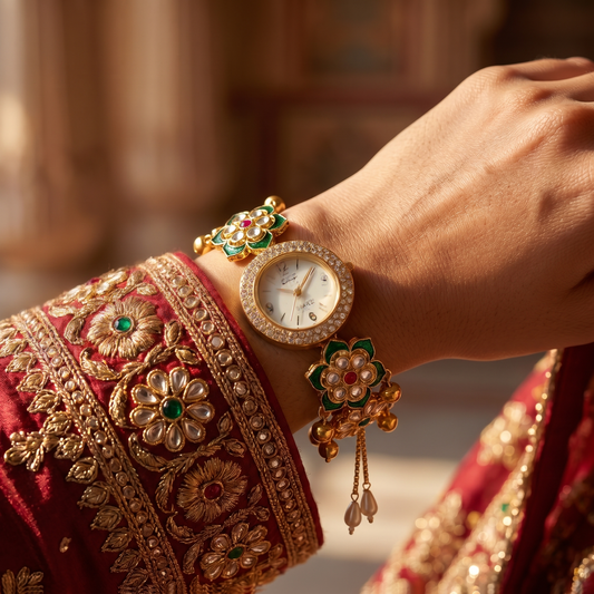Traditional Green Floral Kundan Watch