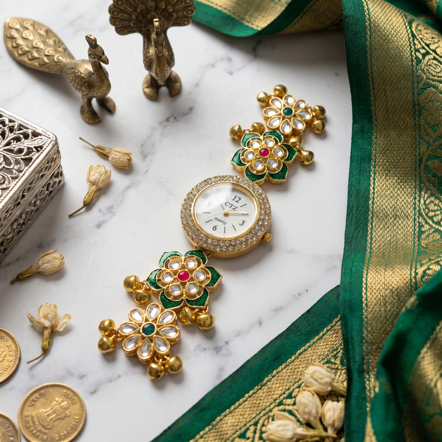 Traditional Green Floral Kundan Watch