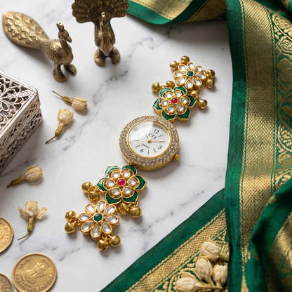 Traditional Green Floral Kundan Watch