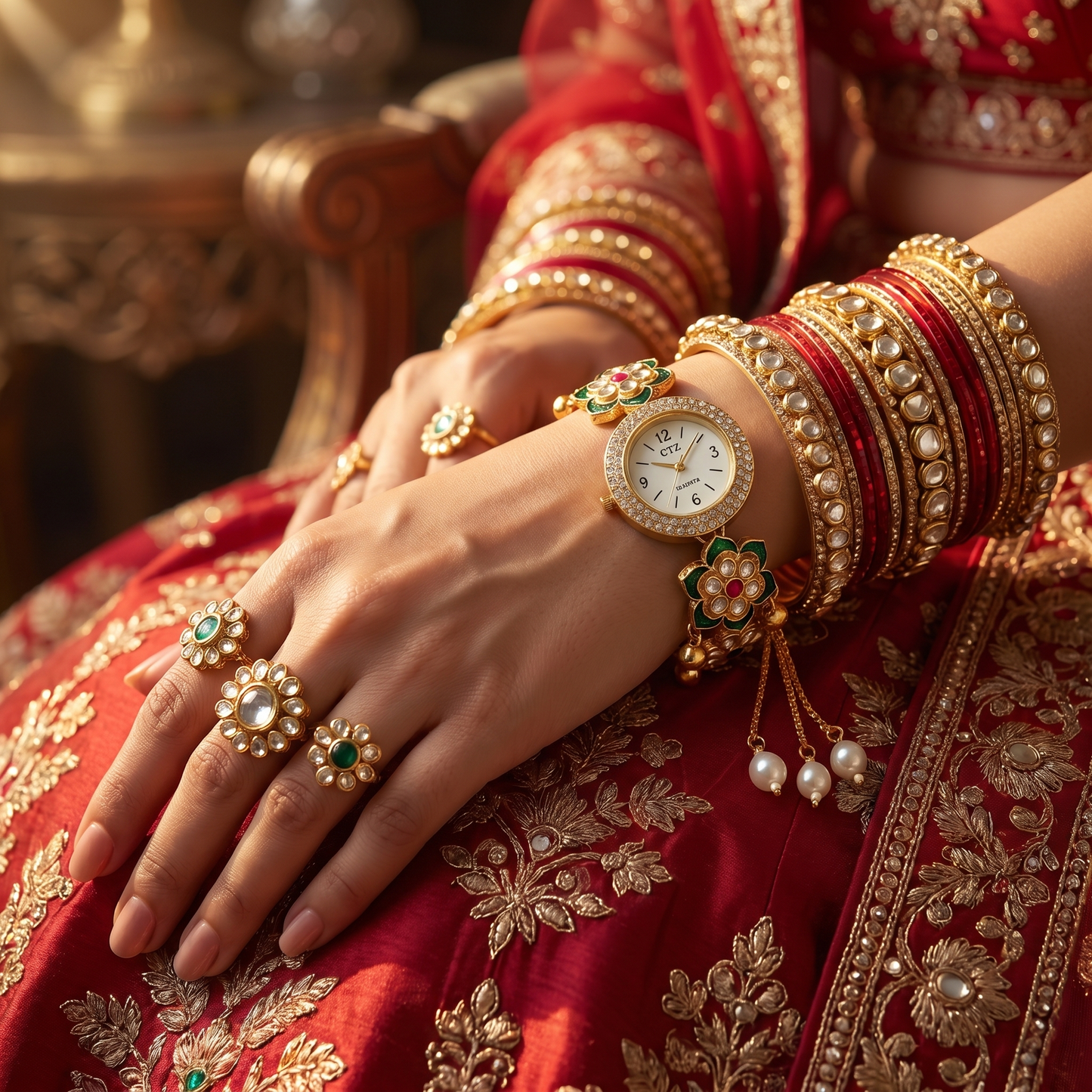 Traditional Green Floral Kundan Watch