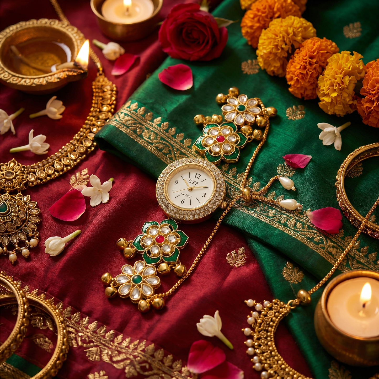 Traditional Green Floral Kundan Watch