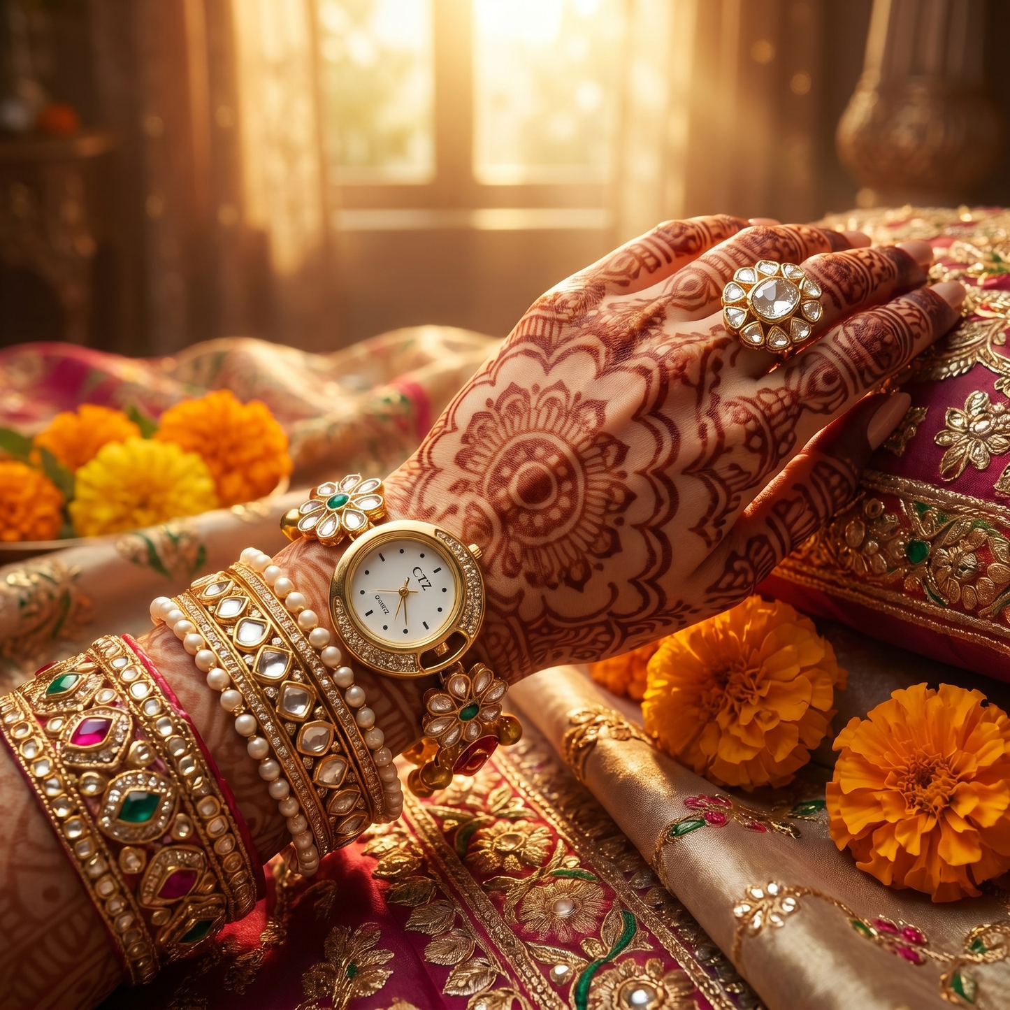 Royal Floral Gold-Plated Bracelet Watch