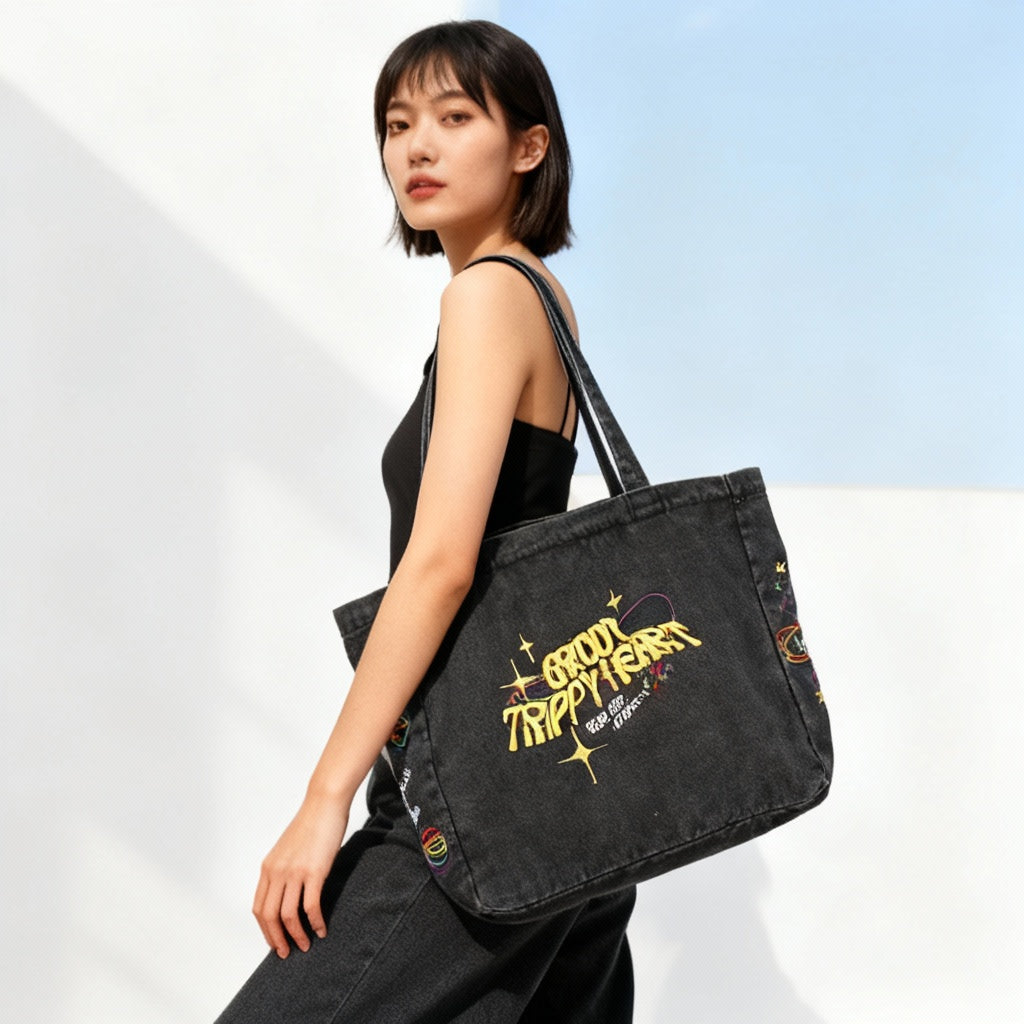 TrippyHeart Large Denim Tote bag