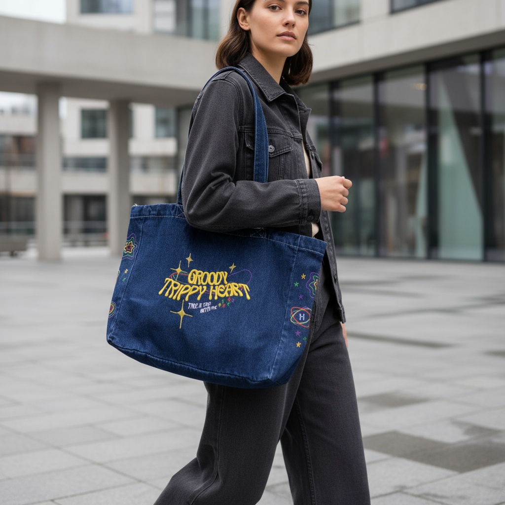 TrippyHeart Large Denim Tote bag